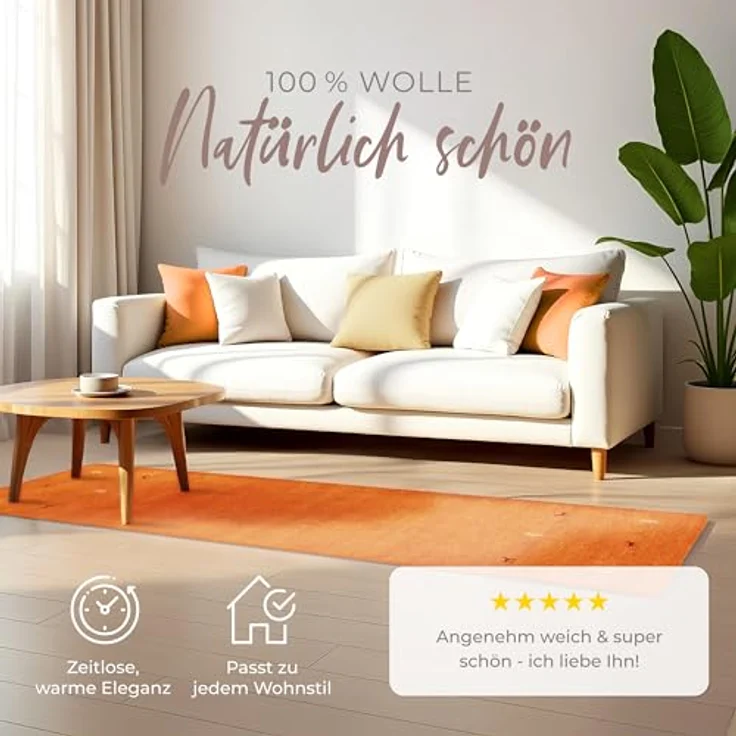 carpetfine 'Gabbeh Uni' Wollteppich, reine Wolle, Orange, 60x180 cm – Bild 4