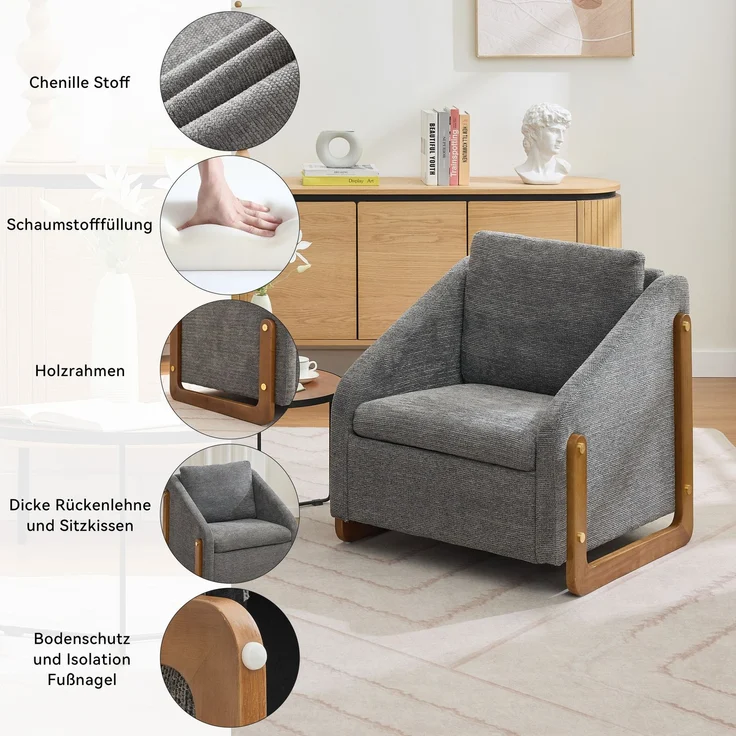 Chenille-Grau Loungesessel mit Holzarmlehnen, ergonomischem Design, kompakter Größe & hoher Belastbarkeit – Bild 7