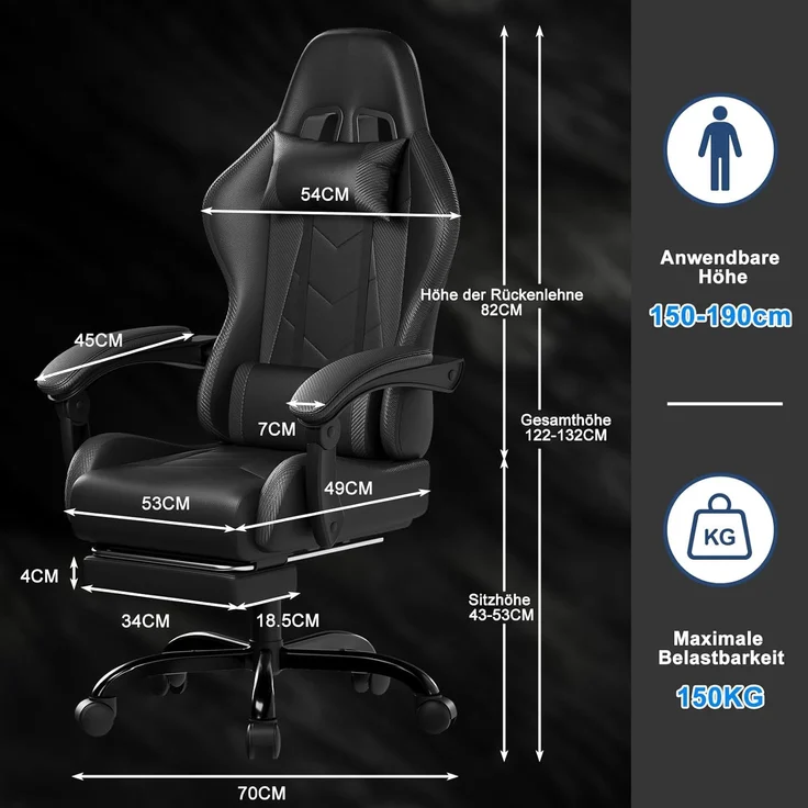 Devoko Massage Gaming Stuhl, Computer Bürostuhl mit Fußstütze, Racing Gamer Stuhl 150kg Belastbarkeit, 90-135° Rückenlehne einstellbar Ergonomischer PC Stuhl, 360° drehbar, Schwarz – Bild 3