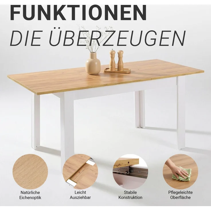 Esstisch ausziehbar 135x86 cm Wohnzimmertisch Weiß Holz Eiche Küchentisch Esszimmertisch Holztisch Tisch – Bild 4