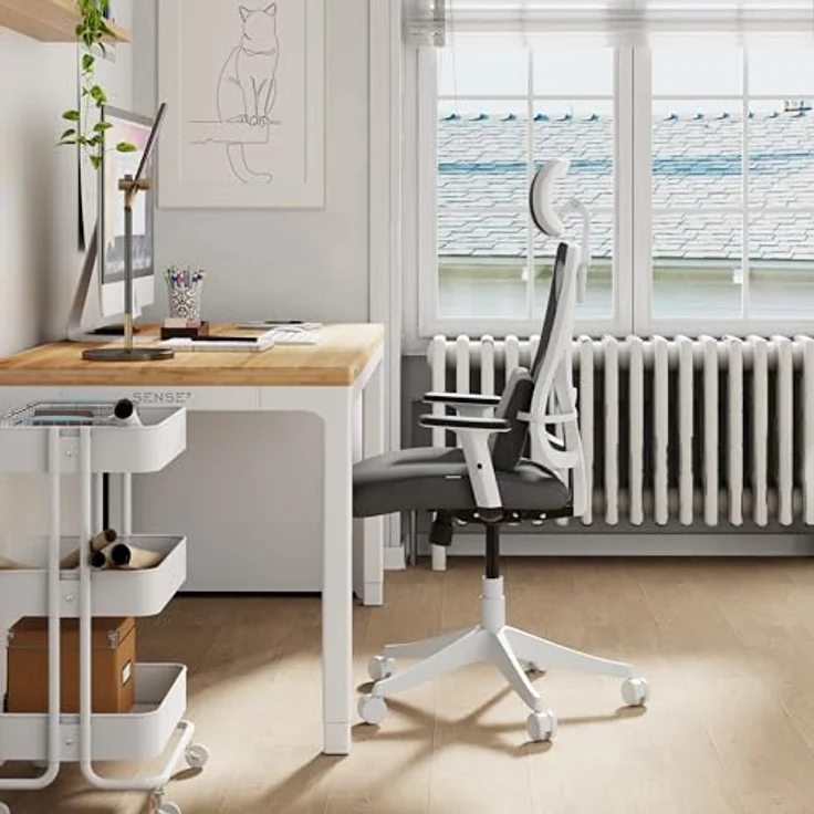SENSE7 Bürostuhl Ergonomisch - FlowTech™ Schreibtischstuhl mit Verstellbarer Lordosenstütze & Kopfstütze für Arbeitstage - Atmungsaktives Mesh Ergonomischer Bürostuhl bis 150kg – Tone Weiß-Grau – Bild 7