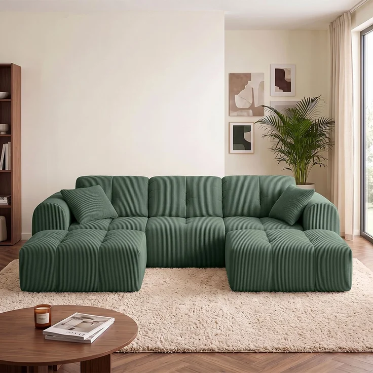 skølm 'Vanaheim' Sofa 3 Sitzer mit 2 Hocker & 2 Kissen, Cloud Sofa dunkelgrün, Cord, Vollschaumcouch mit Federkern und Vakuum-Kompression, kein Aufbau erforderlich – Bild 9