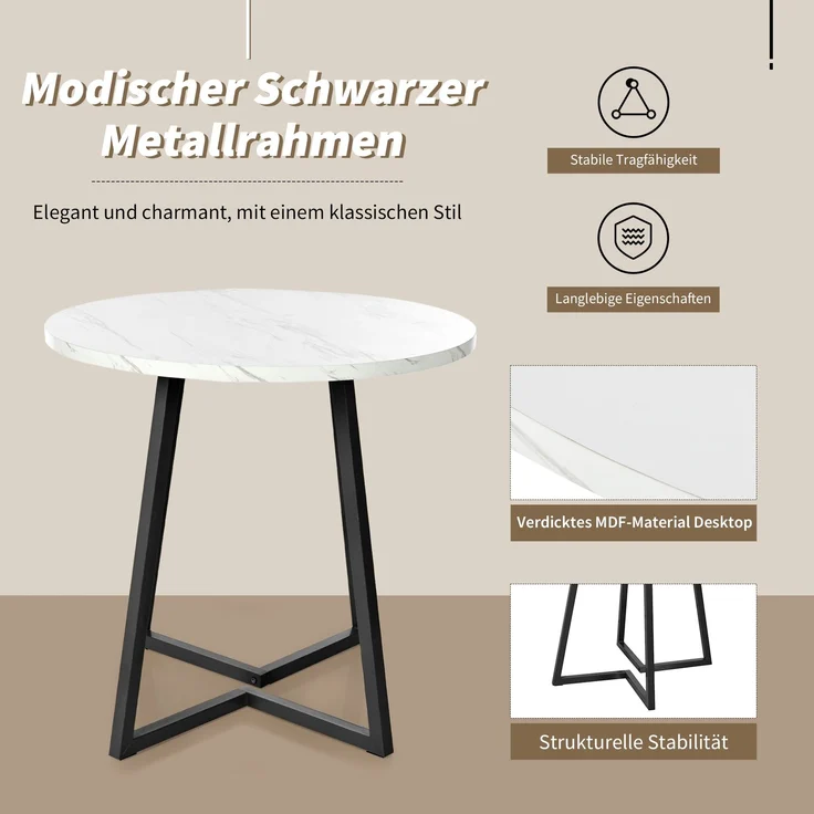 Esszimmer-Set 5-tlg Runder Tisch 80 cm Durchmesser Marmor Spanplatte Mit 4 Samt Stühlen Metallgestell Verstellbare schwarze Beine – Bild 3