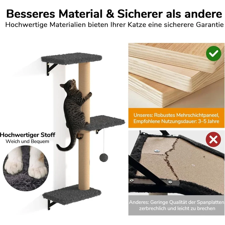 FUKUMARU Kletterwand Katzen Set, 10-teilig Katzen Kletterwand Set, aus robuster Multiplexplatte，Hängematte Katze mit Katzenhaus, Katzenbrücke, Katzenbaum, Katzentreppe bis zu 18 kg, Grau – Bild 4