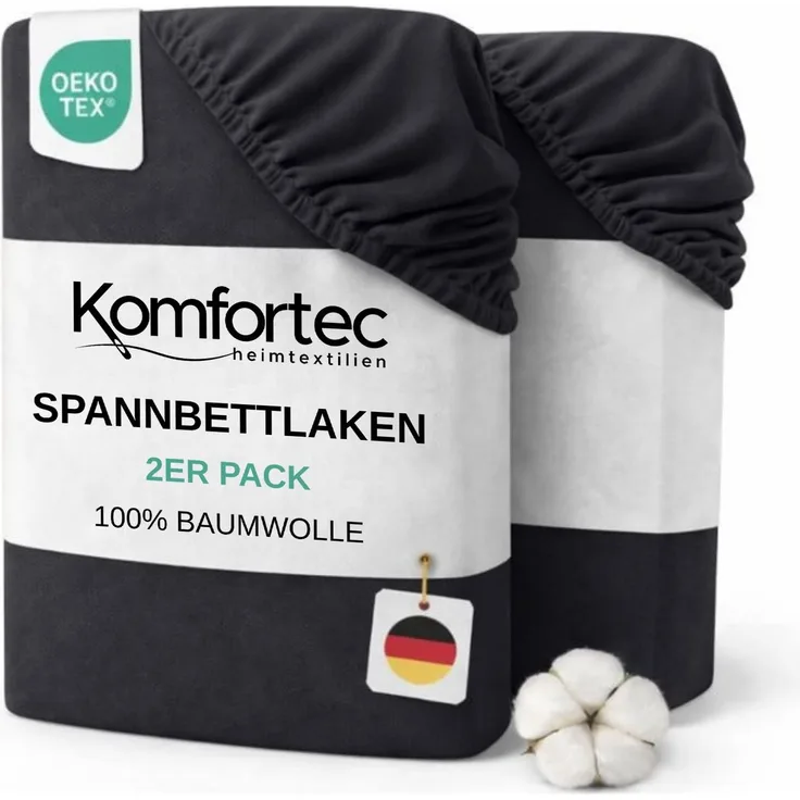 Komfortec Spannbettlaken Jersey 2er Set 100% Baumwolle – 140x200 cm – Weich, Atmungsaktiv & Hautfreundlich – Mit Rundumgummi – Oeko-Tex Zertifiziert – Für Boxspring, Topper & Matratzen – Anthrazit