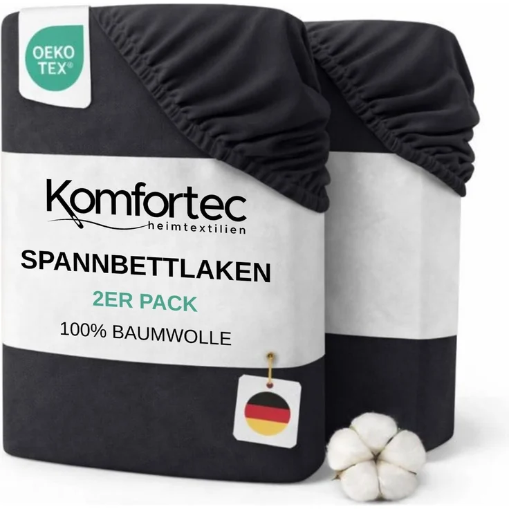 Komfortec Spannbettlaken Jersey 2er Set 100% Baumwolle – 140x200 cm – Weich, Atmungsaktiv & Hautfreundlich – Mit Rundumgummi – Oeko-Tex Zertifiziert – Für Boxspring, Topper & Matratzen – Anthrazit