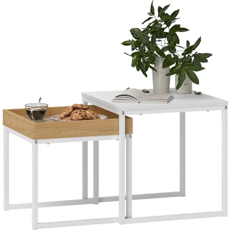 HOMCOM Couchtisch-Set, Weiß, Metall, 45x45x45 cm und 40x40x40 cm, modulares Design für Wohnzimmer
