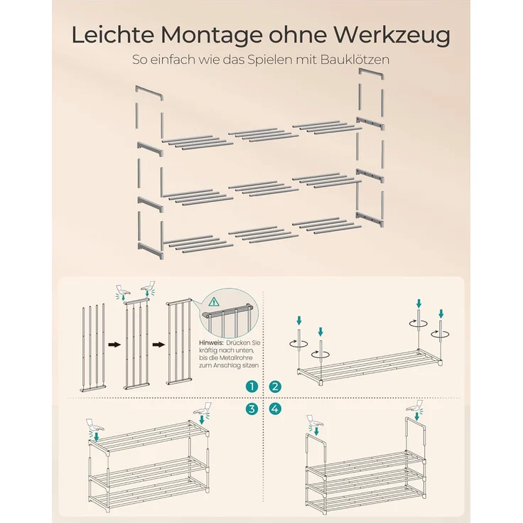 Songmics Schuhregal mit 3 Ebenen, Schuhständer aus Metall, Schuhaufbewahrung, Schuh-Organizer für 12-15 Paar Schuhe, stapelbar, für Flur, Wohnzimmer, Schlafzimmer, 30 x 92 x 55 cm, grau LSA303G01 – Bild 7