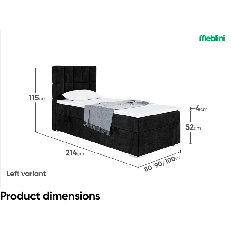 MEBLINI Boxspringbett LUKAS 100x200 cm mit Bettkasten - H4/Schwarz Samt Gepolstert Einzelbett mit Topper & Taschenfederkern-Matratze - 100x200 Links – Bild 5