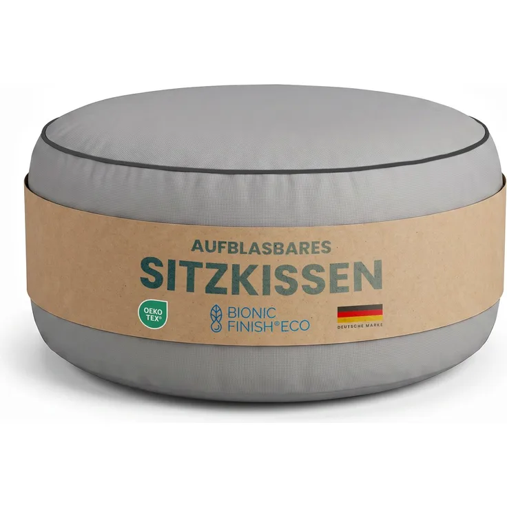 Sitzpouf - Indoor/Outdoor - Sitzkissen Ø54 cm x 26 cm - wasserabweisend ( Lotusblüteneffekt ) - Platzsparend / Innovativ - Innenkissen aufblasbar - Belastbar bis 100kg Hellgrau