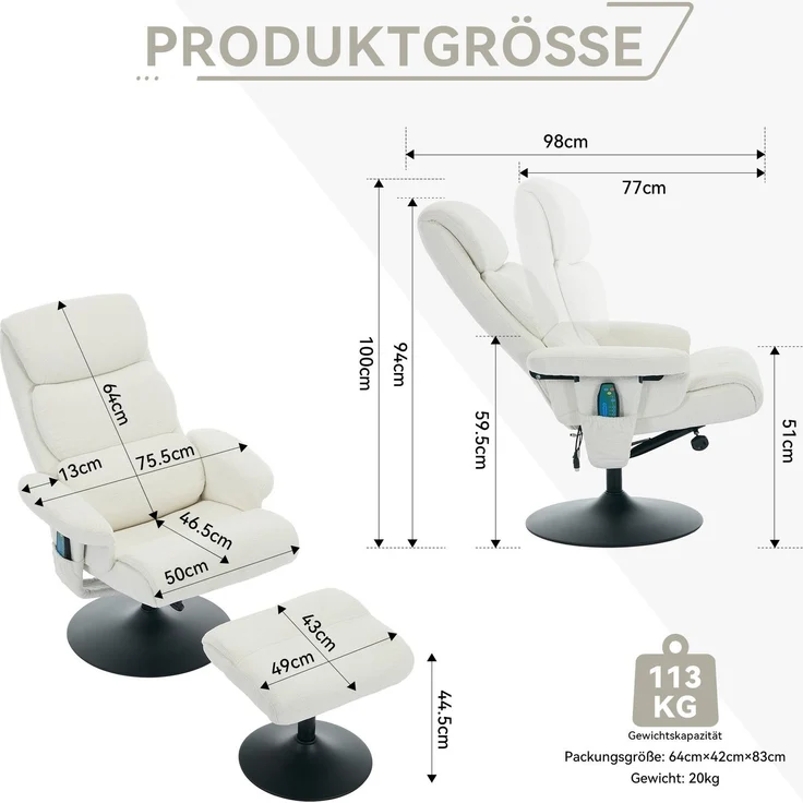 DESVIAE Sessel mit Hocker, Massage- und Heizfunktion, 75,5x100x77 cm, Chenille Weiß – Bild 10