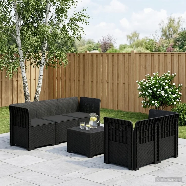 vidaXL 5-Sitzer Gartensofa mit Kissen Rattan-Look PP Anthrazit 3443891 – Bild 1
