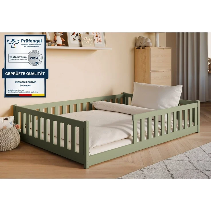 Kids Collective Kinderbett Bodenbett Bett mit Rausfallschutz & Lattenrost Montessori Bett Kinder (weitere Größen 80x160, 80x180, 90x190, 90x200, 120x200 cm), Jugendbett Einzelbett optional mit Matratze Olivgrün Kiefer 140x200 cm – Bild 1
