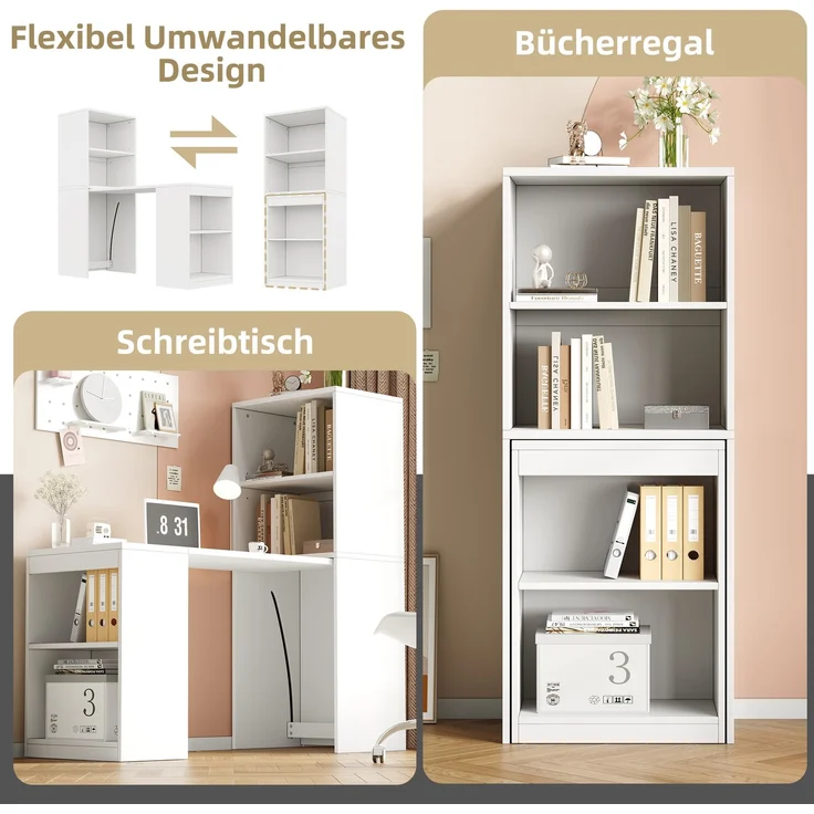 Flieks Schreibtisch 130x55x137 cm Klapptisch 2-in-1 mit Stauraum & Schrank, Multifunktionaler Computertisch mit 4 Fächern, Weiß – Bild 5