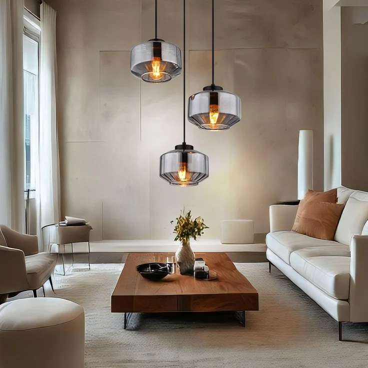 Hängeleuchte, 3-flammig, Metall Glas, schwarz rauch, H 120cm – Bild 5