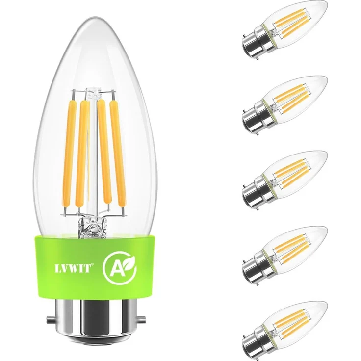 LVWIT 2.2W B22 Filamentstil Klar LED Lampe Glühfaden C35, 2700K Warmweiß, 470 Lumen Glühbirne, ersatz 40W, Rustikalampe Kerzenform, Nicht Dimmbar (6er Pack) Energieeffizienzklasse A