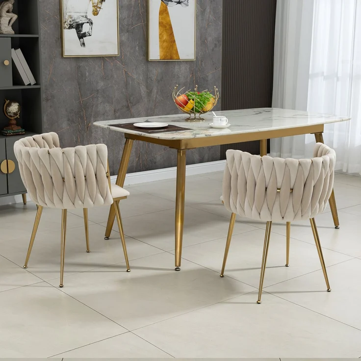 Elegantes 2er-Set Samt-Esszimmerstühle mit goldenen Metallbeinen und handgewebtem Design in Ivory – Bild 4
