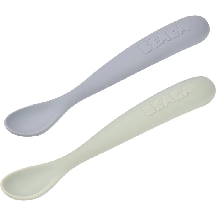 BÉABA 2er-Set Silikon-Babylöffel ab 4 Monaten – Weich, Abgerundete Spitze, Langer Ergonomischer Griff, Transportbox, Staubabweisendes Finish –Kieselstein/Grünspan