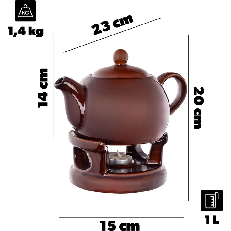 KADAX Teekanne 1L mit Stövchen Set, Kaffeekanne aus Porzellan mit Deckel, Griff und Teestövchen, Kanne mit Teelicht Wärmer für Tee, Teeservice (Braun) – Bild 3