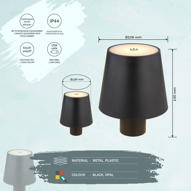 Tischlampe kabellos mit Akku Touch Dimmer Tischleuchte Dimmbar Schwarz 58438GS – Bild 7