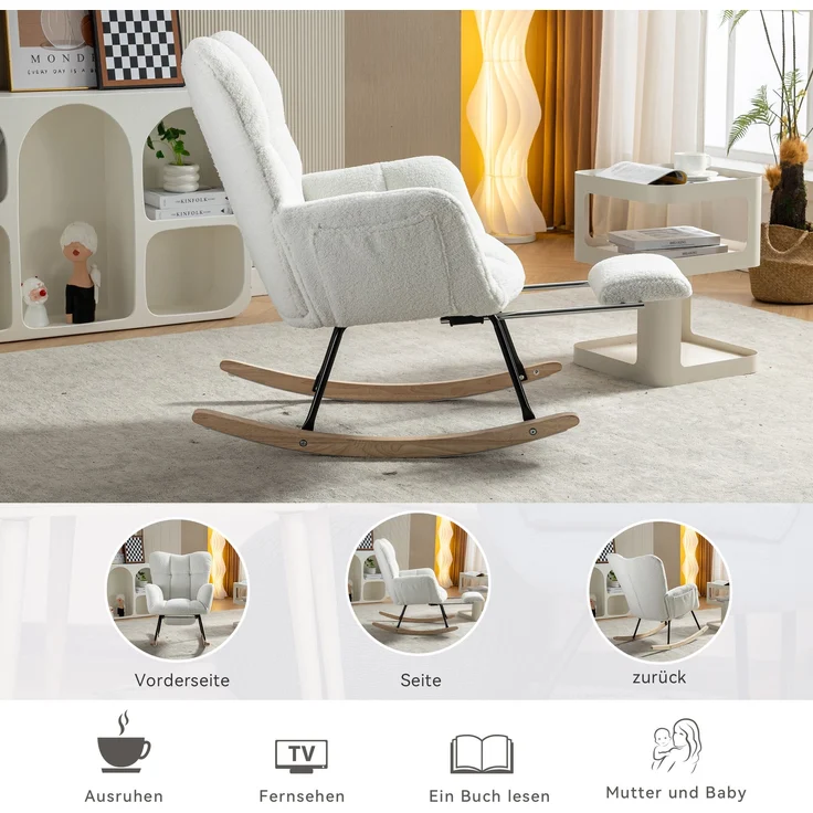 Schaukelstuhl 80x98x98,5 cm, Weiß, mit ausziehbarer Fußstütze – Bild 7