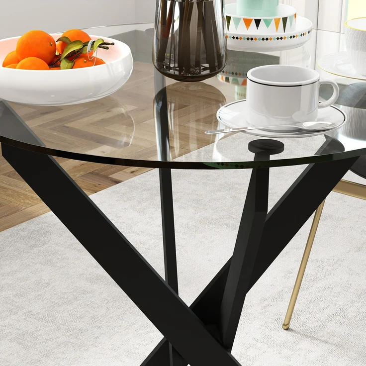 Runder Esstisch H 76 x T 70 x B 70 cm aus Sicherheitsglas mit Metallgestell, modern und pflegeleicht – Bild 3