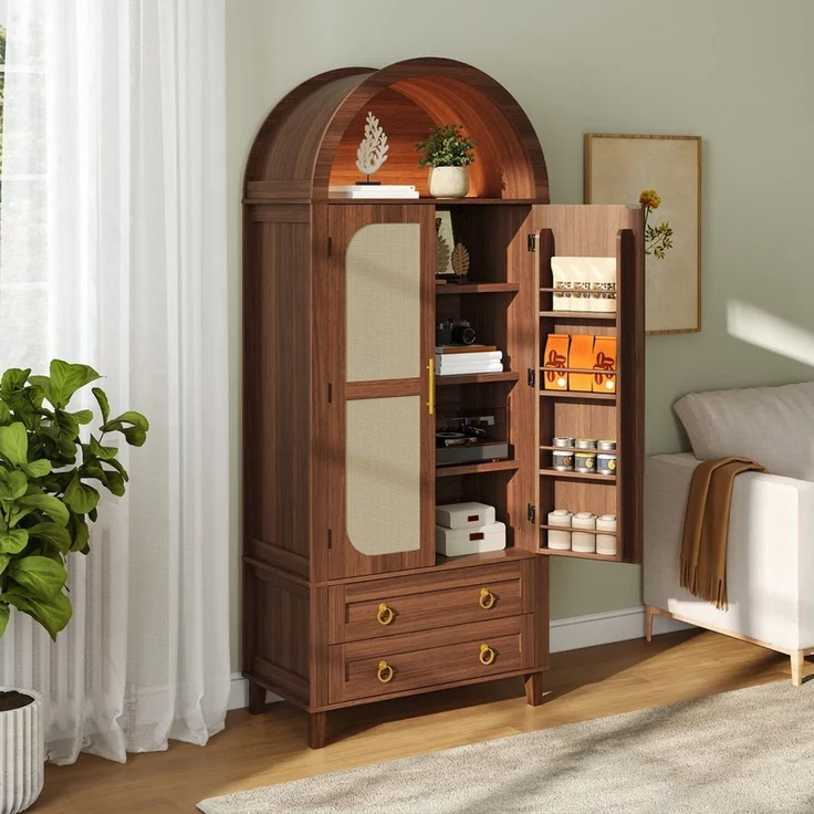 Merax Sideboard mit LED-Beleuchtung, Hochschrank mit Bogen-Nische & Rattan-Dekor (Aufbewahrungsschrank 76 x 40 x 179,5 cm, 1 St), Wohnzimmerschrank mit 2 Türen, 3 Einlegeböden & 2 Schubladen – Bild 4