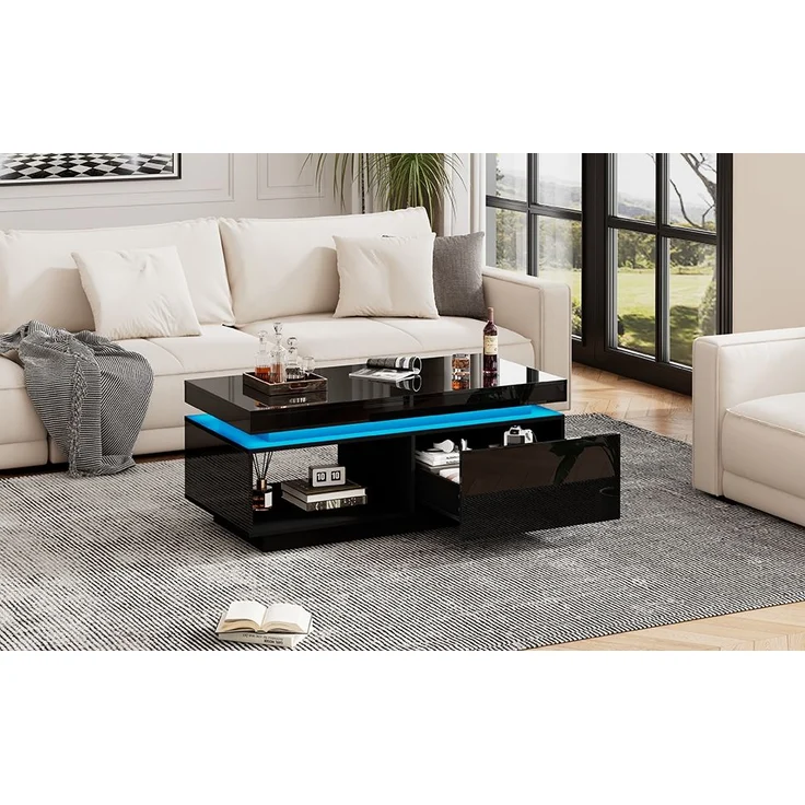Couchtisch 100x50x40,3 cm mit LED-Beleuchtung und Schublade in Hochglanz-Schwarz – Bild 9