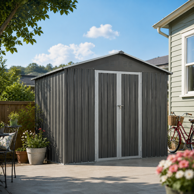 ZUBALIYA Metall-Gartenschuppen 10x8 ft mit Spitzdach in Grau als Außenlager. Der Schuppen ist mit einem integrierten Bodenrahmen ausgestattet. Grundfläche: 7,46 m² – Bild 4