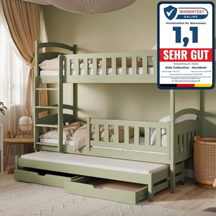 Kids Collective Etagenbett Hochbett Stockbett Kinderbett 90x200 cm mit Ausziehbett und Schubladen (mit drei Matratzen inklusive), Umbaubar zu 3 Einzelbetten mit Lattenrosten & Rausfallschutz, Olivgrün – Bild 4