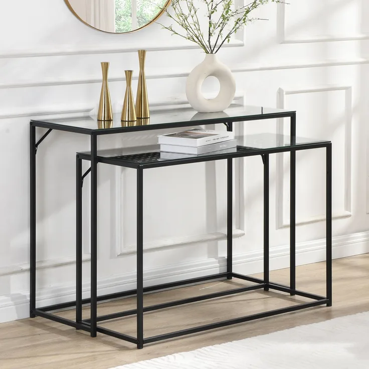 FineBuy Konsolentisch Set 2er Metall mit Glasplatte, Moderne Dekotische für Flur Wohnzimmer, Schmale Ablagetische im Industrial Design, platzsparend und ineinander schiebbar