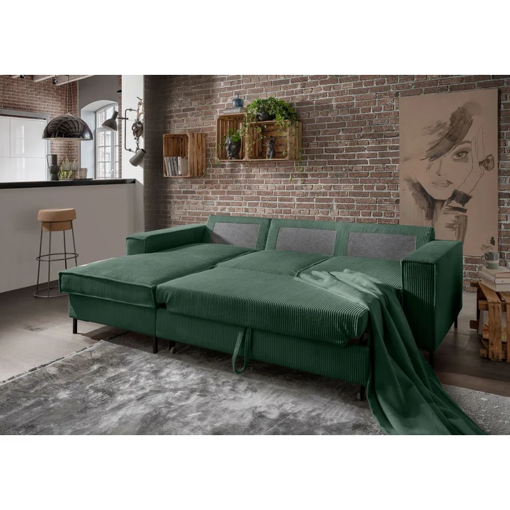Polsterecke >Rube< Schlaffunktion, Stauraum, Cord moosgrün - 240x92x150cm (BxHxT) – Bild 3