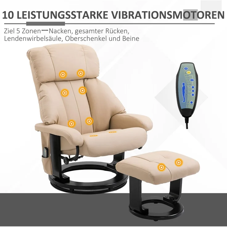 DESVIAE Sessel mit Massagefunktion und Hocker, 2-tlg, Bonded Leather, Cremeweiß, 76 x 80 x 102 cm – Bild 3