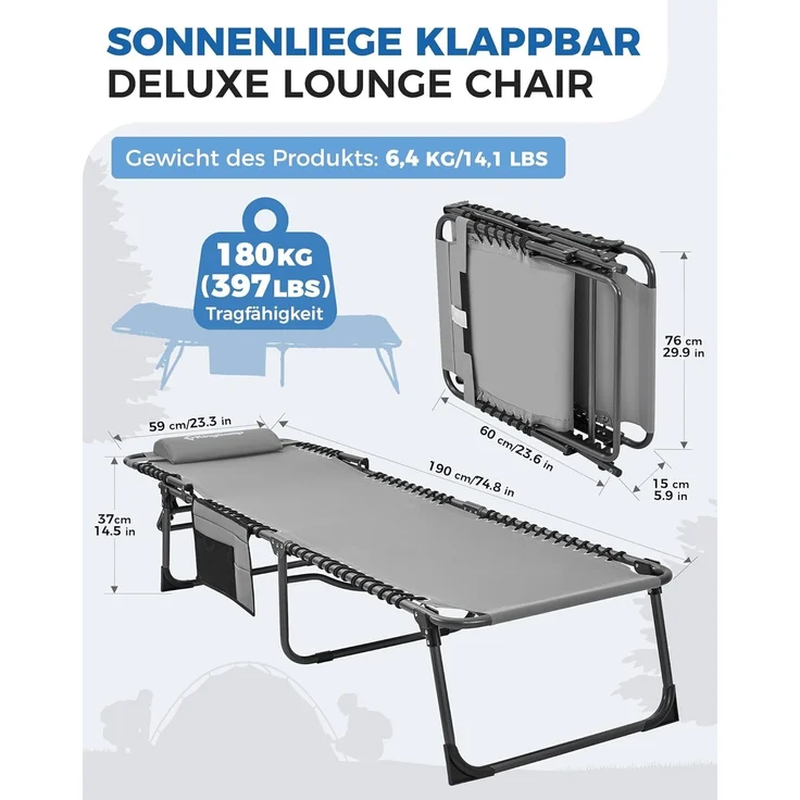 KingCamp Sonnenliege Klappbar 2er Set Gartenliege Campingliege 5-Stufig Verstellbarer Rückenlehne Liege Gartenstuhl Strandliege Camping Klappbett mit Kopfkissen für Garten Urlaub Outdoor Strand Pool – Bild 2