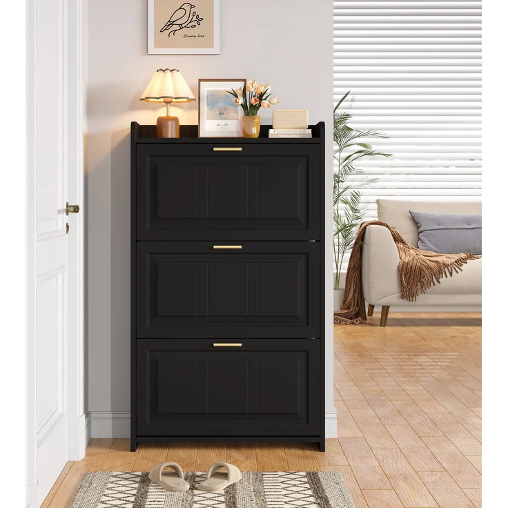 Schuhschrank 70x24x120 cm schwarz 2 Klapptüren 6 Fächer Ablagefläche – Bild 2