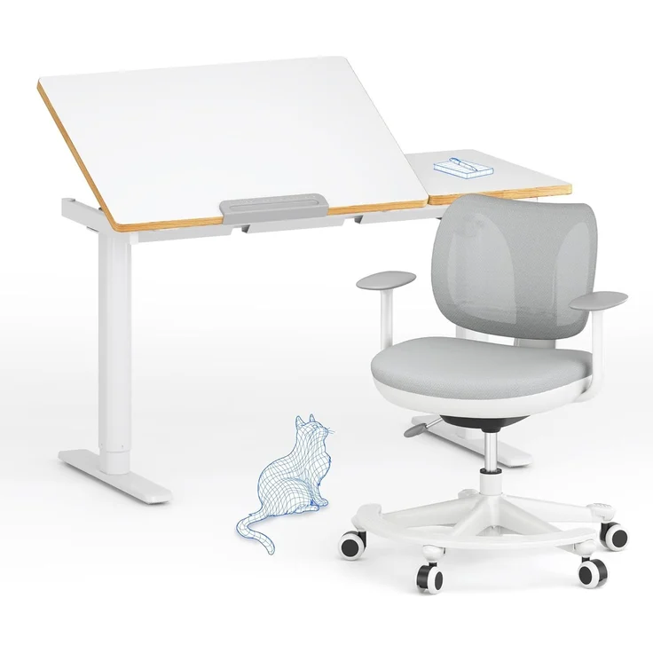 FlexiSpot Kinderschreibtisch, Elektrisch Höhenverstellbarer Schreibtisch mit neigbarer Tischplatte mit LED-Höhenanzeige, 3 Speicherplätzen, Kindersicherung, 110x52 cm (SK2 Kindertisch und Stuhl SET)