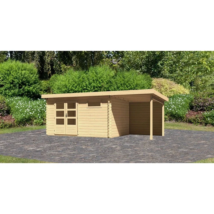 Gartenhaus Bastrup 8 - 570x297 cm mit Anbaudach 2,00 m mit Rückwand, 28 mm Holz naturbelassen, Karibu – Bild 1