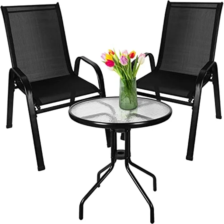 Bistro-Set 3-teilig Balkonmöbel-Set Tarassentisch Rund Gartenstühle Hochlehner Stapelbar Gehärtetes Glas Metal Wetterfest 23461 – Bild 1