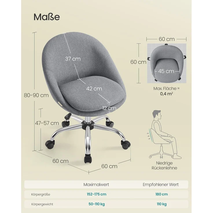 SONGMICS Homeoffice-Stuhl, Schminkstuhl aus Baumwoll-Leinen-Mischgewebe, Schreibtischstuhl, Schaumstoffpolsterung, höhenverstellbar, für Arbeitszimmer, Schlafzimmer, schiefergrau OBG020G05 – Bild 8