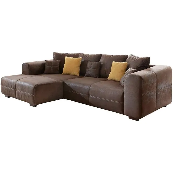 Cavadore Ecksofa Mavericco / Polster Eck-Couch mit Kissen / In Antik-Leder-Optik mit nussbaumfarbenen Holzfüßen / Longchair links / Größe: 285 x 69 x 170 (BxHxT) / Mikrofaser Braun