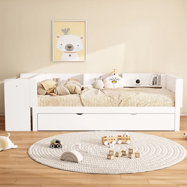 Multifunktionales Kinderbett 90x200 cm mit ausziehbarem Rollbett, Schreibtisch und Regalen, robustes Holz – Bild 3