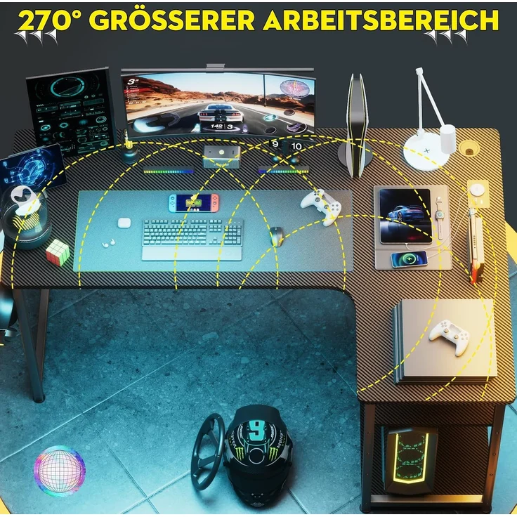 COMHOMA Gaming Tisch mit Steckdose 120 x 80cm Schreibtisch, Eckschreibtisch mit USB-Ladeanschluss und Regal, Computertisch L Form, PC Tisch für Büro, Heimbüro – Bild 3