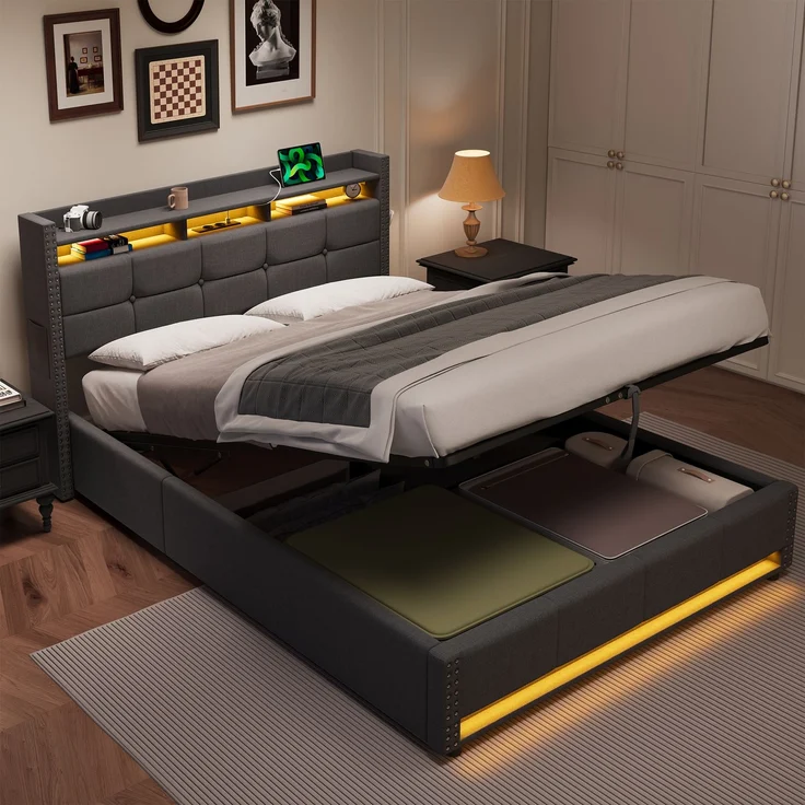 Polsterbett 140x200 cm mit LED-Beleuchtung, USB-Anschlüssen und hydraulischem Stauraum – ohne Matratze – Bild 5