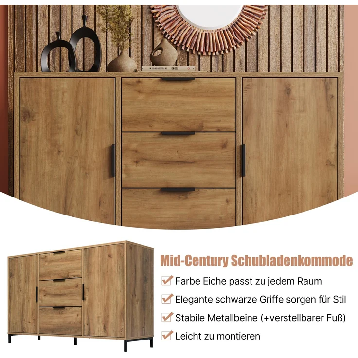 Türkommode mit 3 Schubladen in dunkler Eiche, Sideboard Industrial Design, Aufbewahrungsschrank mit höhenverstellbarem Fachboden – Bild 8