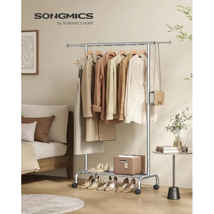SONGMICS Stand Appendiabiti Con Ruote, Attaccapanni Estensibile in Metallo, Con Ripiano Portaoggetti Rialzato, 40 x (83-120) x 156 cm, Portata Totale 45 kg, Argento HSR134E01 – Bild 3