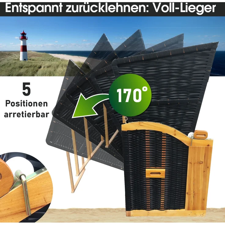 BRAST Strandkorb Usedom 3-Sitzer XXL für 2-3 Personen 165cm breit inkl. wetterfeste Abdeckhaube verstellbare Rückenlehne Fußkissen Rot/Grün/Beige - kariert – Bild 4