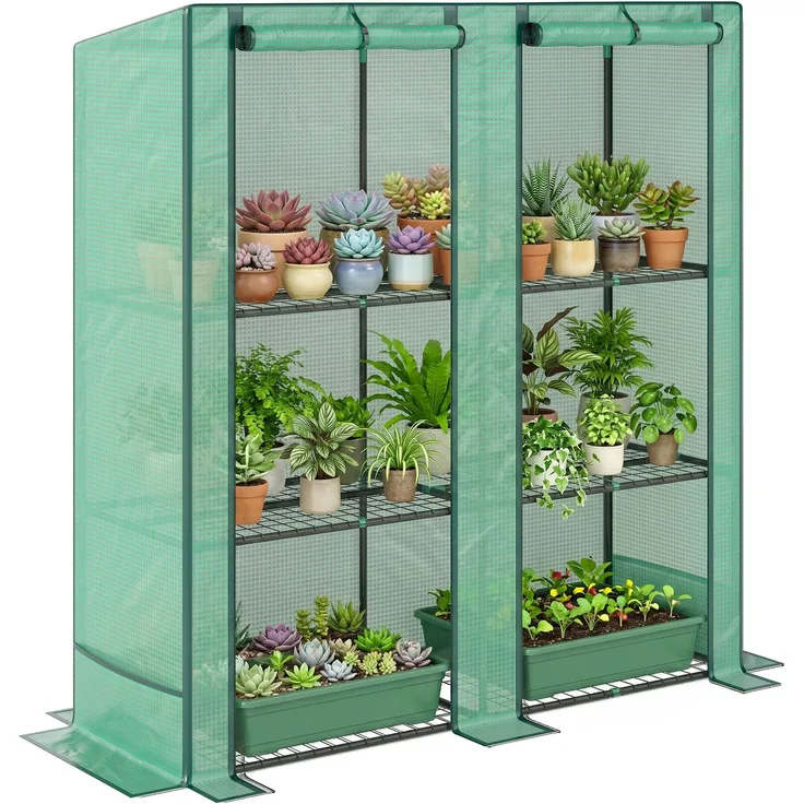 MELAYR, Gartengewächshaus mit 3-stufigem Metallregal, Balkongewächshaus, PE-Abdeckung, Schrägdach, 78 x 50 x 10 cm, Grün