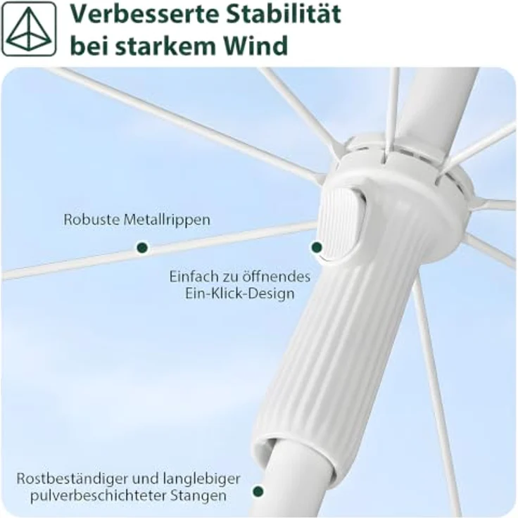 SUNULA Sonnenschirm 160 cm, Balkonschirm knickbar mit Bodenhülse & Schutzhülle, höhenverstellbar, neigbar, UV-Schutz 50+, Farbe Weiß mit silbernem Mast – Bild 5