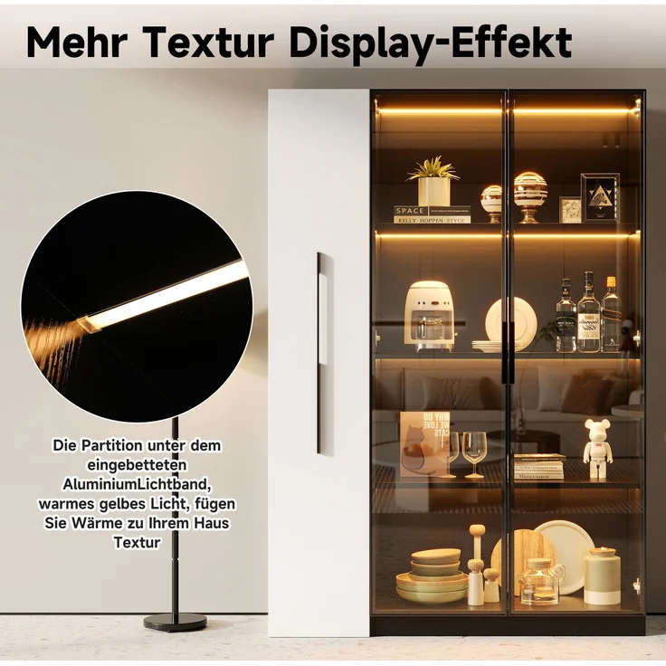 ZUBALIYA LED-Glasvitrine, integrierte LED-Beleuchtung, Türen aus gehärtetem Glas, ausziehbarer Seitenschrank auf Rollen, H 160 × B 110.5 × T 35 cm, Schwarz – Bild 6
