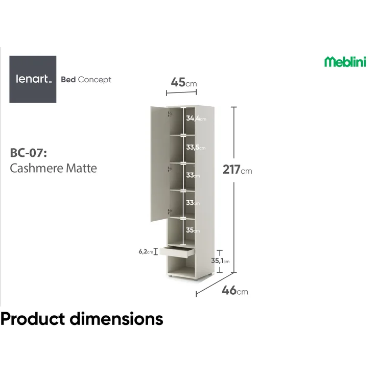 MEBLINI Schrank für Schrankbett Bed Concept - Hochschrank mit Ablagen, Fächern und Schublade - Nachttisch - BC-07 - Kaschmir – Bild 7